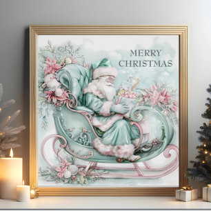 Vintage Santa Sleigh Christmas Blue Teal Pink Poster