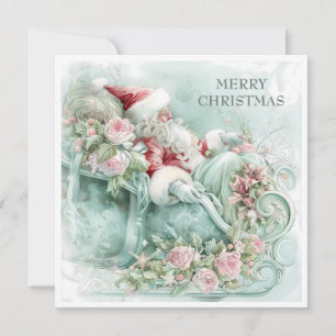 Vintage Santa Sleigh Christmas Red Blue Teal Pink Holiday Card