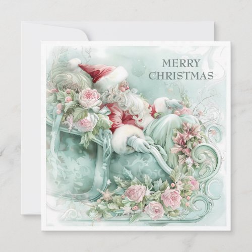Vintage Santa Sleigh Christmas Red Blue Teal Pink Holiday Card