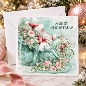 Vintage Santa Sleigh Christmas Red Blue Teal Pink Holiday Card