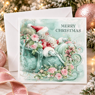 Vintage Santa Sleigh Christmas Red Blue Teal Pink Holiday Card
