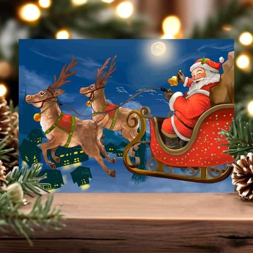 Vintage Santa Sleigh Reindeer Holiday Postcard