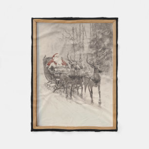 Vintage Santa Sleigh Xmas Forest Sketch Fleece Blanket