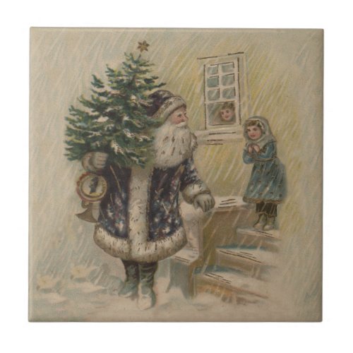 Vintage Santa Snow Christmas Tree Ceramic Tile