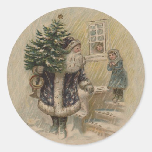 Vintage Santa Snow Christmas Tree Classic Round Sticker