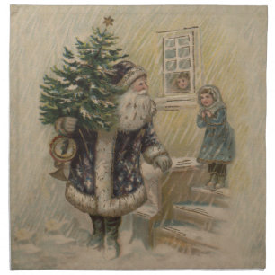 Vintage Santa Snow Christmas Tree Cloth Napkin