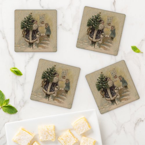 Vintage Santa Snow Christmas Tree Coaster Set