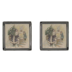 Vintage Santa Snow Christmas Tree Cufflinks