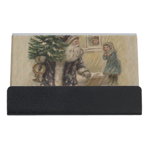 Vintage Santa Snow Christmas Tree Desk Business Card Holder