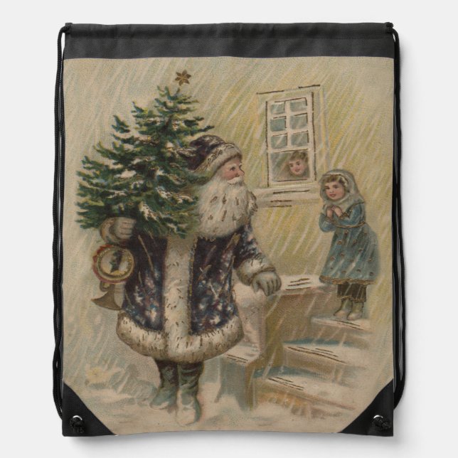 Vintage Santa Snow Christmas Tree Drawstring Bag (Front)