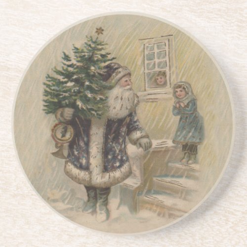 Vintage Santa Snow Christmas Tree Drink Coaster