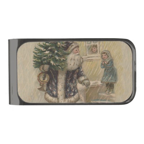 Vintage Santa Snow Christmas Tree Gunmetal Finish Money Clip