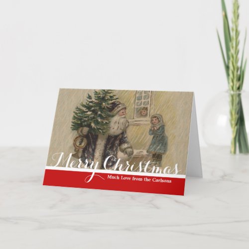 Vintage Santa Snow Christmas Tree Holiday Card