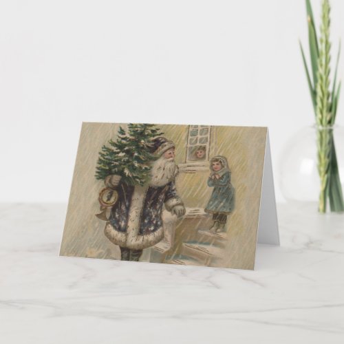 Vintage Santa Snow Christmas Tree Holiday Card