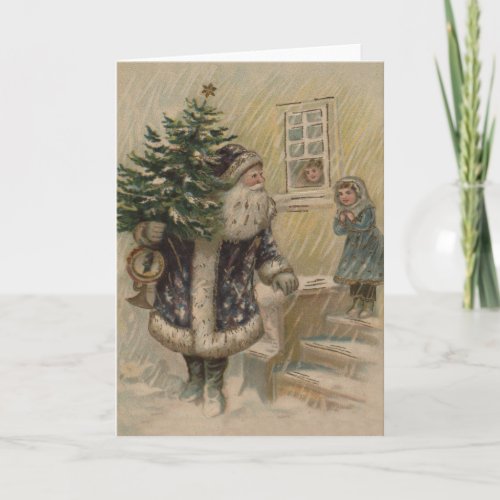 Vintage Santa Snow Christmas Tree Holiday Card