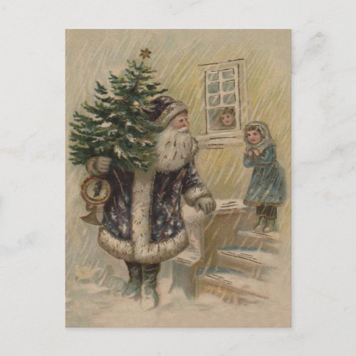 Vintage Santa Snow Christmas Tree Holiday Postcard