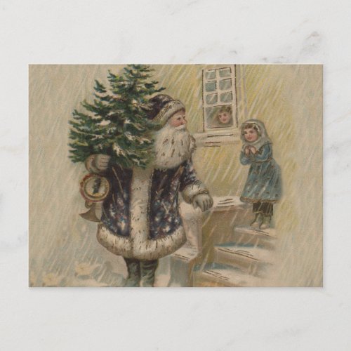 Vintage Santa Snow Christmas Tree Holiday Postcard