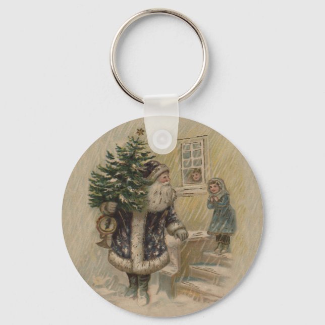 Vintage Santa Snow Christmas Tree Keychain (Front)