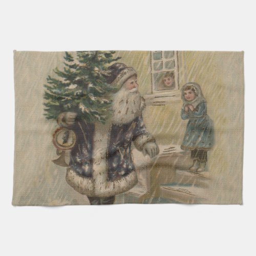 Vintage Santa Snow Christmas Tree Kitchen Towel