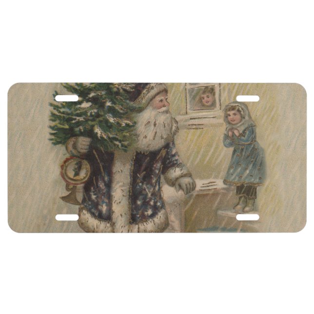 Vintage Santa Snow Christmas Tree License Plate (Front)