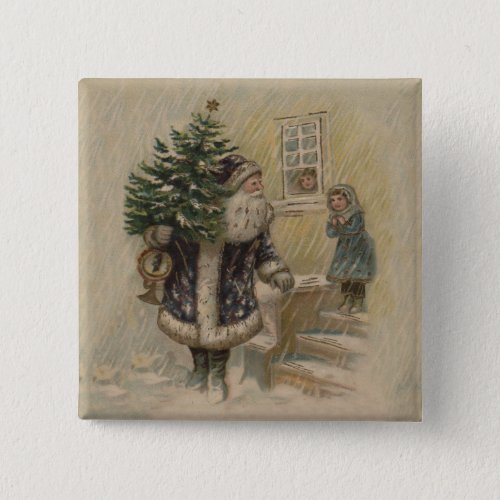 Vintage Santa Snow Christmas Tree Pinback Button