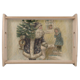 Vintage Santa Snow Christmas Tree Serving Tray