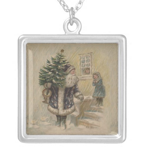 Vintage Santa Snow Christmas Tree Silver Plated Necklace