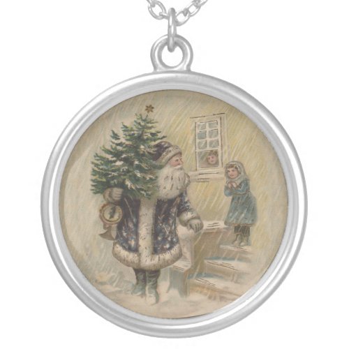 Vintage Santa Snow Christmas Tree Silver Plated Necklace