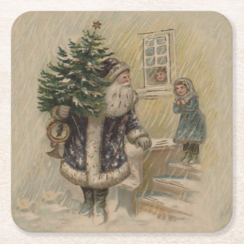 Vintage Santa Snow Christmas Tree Square Paper Coaster