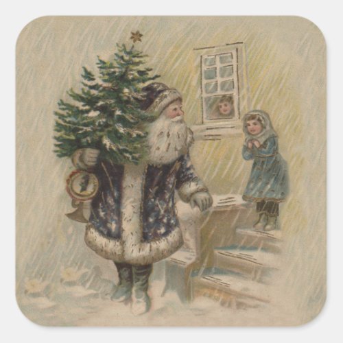Vintage Santa Snow Christmas Tree Square Sticker