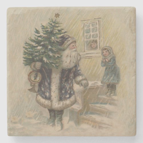 Vintage Santa Snow Christmas Tree Stone Coaster