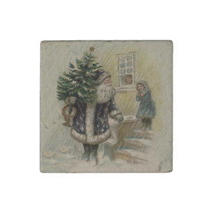 Vintage Santa Snow Christmas Tree Stone Magnet