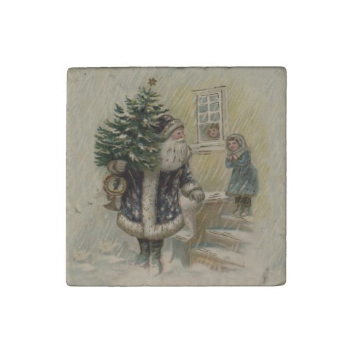 Vintage Santa Snow Christmas Tree Stone Magnet