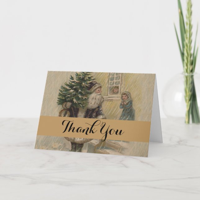 Vintage Santa Snow Christmas Tree Thank You Card (Front)