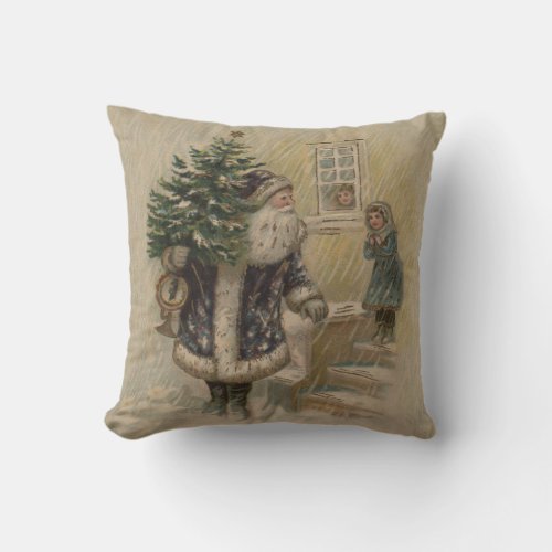 Vintage Santa Snow Christmas Tree Throw Pillow