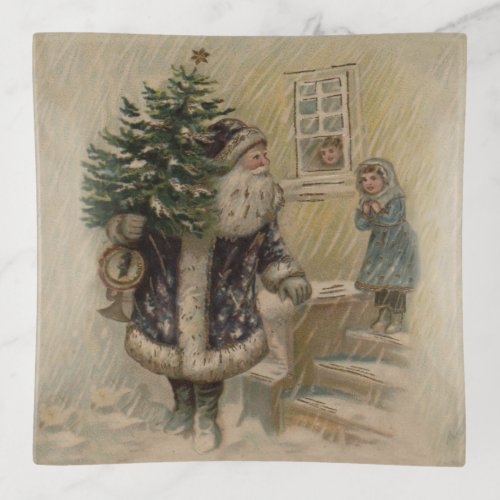 Vintage Santa Snow Christmas Tree Trinket Tray