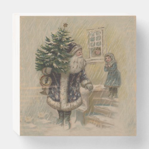 Vintage Santa Snow Christmas Tree Wooden Box Sign