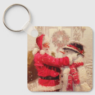 Vintage Santa Snowman Christmas Keepsake Keychain