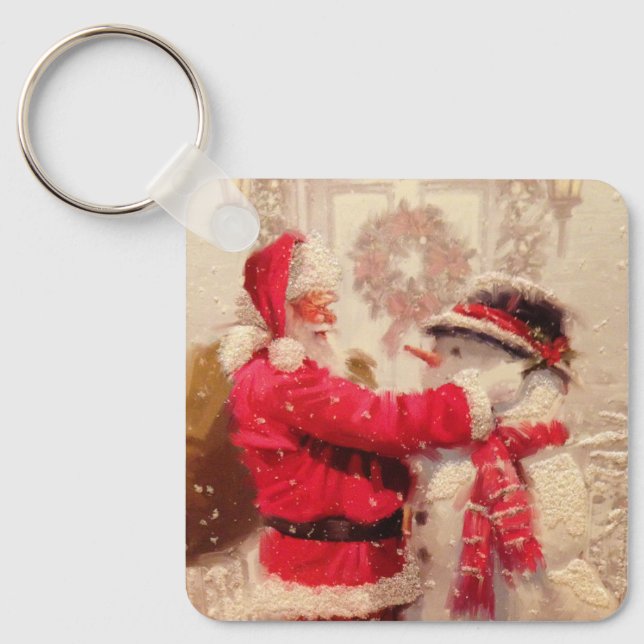 Vintage Santa Snowman Christmas Keepsake Keychain (Front)