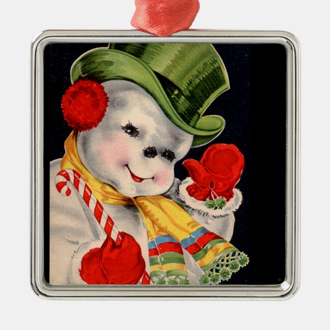 Vintage Santa Snowman Christmas Metal Ornament (Front)