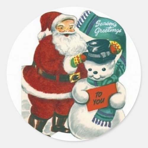 vintage Santa snowman Christmas winter holiday art Classic Round Sticker