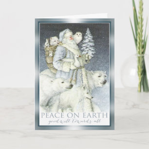 Vintage Santa Snowy Forest Winter Animals Holiday Card