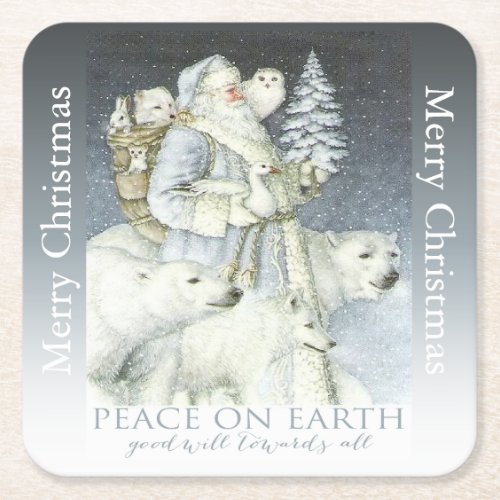 Vintage Santa Snowy Forest Winter Animals Square Paper Coaster