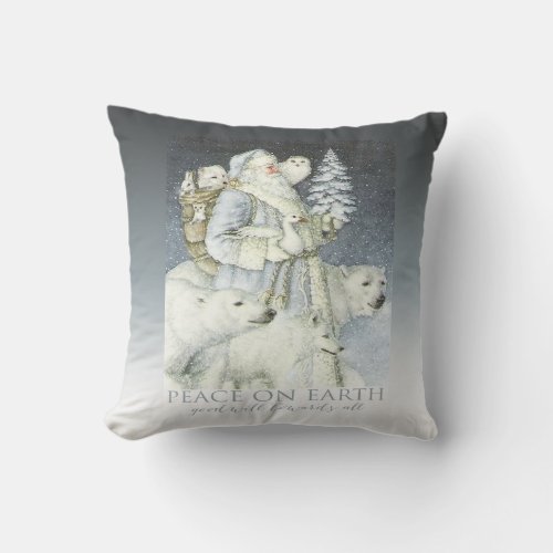 Vintage Santa Snowy Forest Winter Animals Throw Pillow