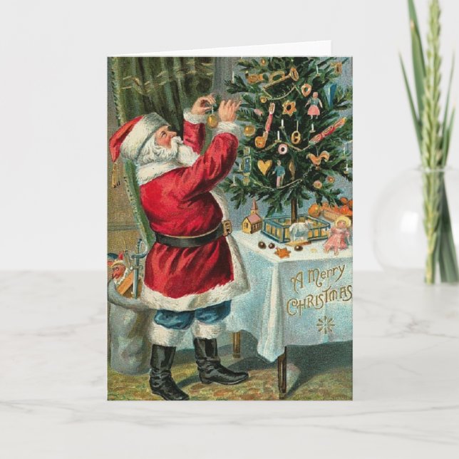 Vintage Santa Trimming Tree Christmas Card (Front)