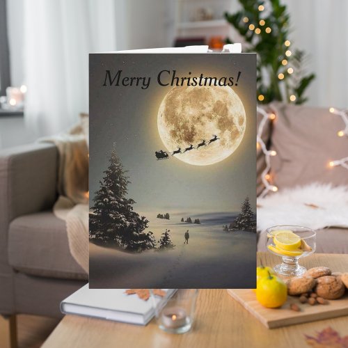 Vintage Santa Under Full Moon Flying Reindeer    Card