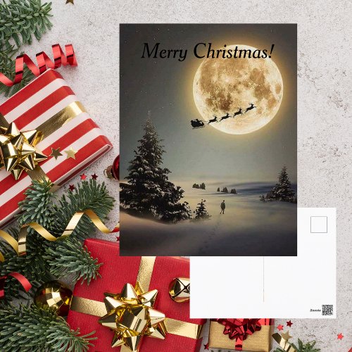 Vintage Santa Under Full Moon Flying Reindeer  Holiday Postcard