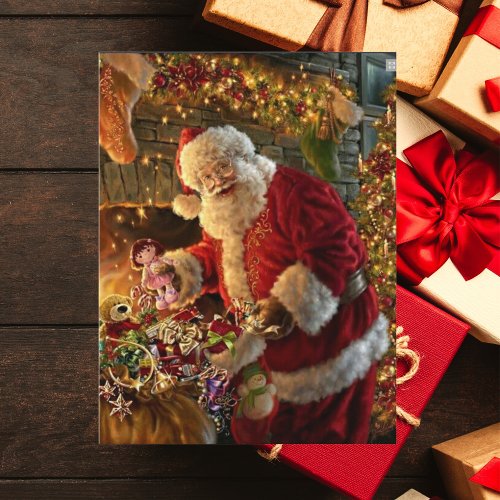 Vintage Santa Under Gold Lights Fireplace Postcard