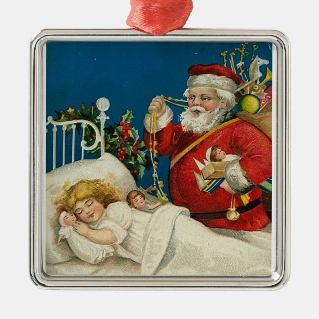 Vintage Santa Visits A Sleeping Child Metal Ornament (Front)