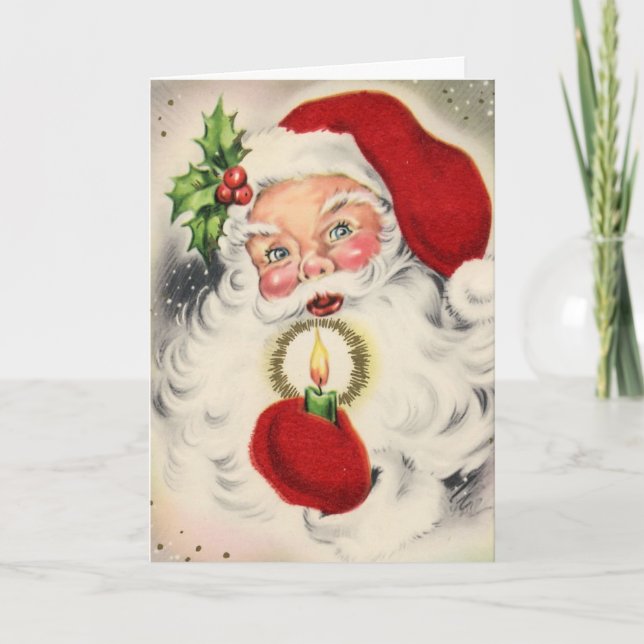 Vintage Santa w/candle Holiday Card (Front)